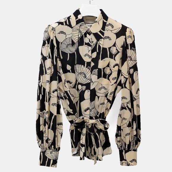 Gucci Black and White Floral Silk Blouse - Picture 3 of 16